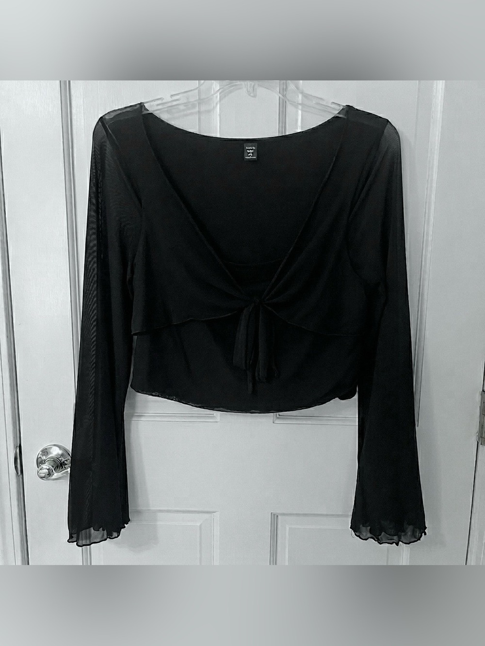 SHEIN Black Mesh Tie-front Flare Sleeve Cropped Blouse